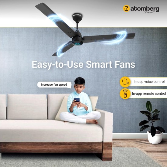 Atomberg Renesa Smart 1200mm Midnight Black BLDC Ceiling Fan with IoT & Remote | Energy Efficient Ceiling Fan| High Air Delivery with LED Indicators 