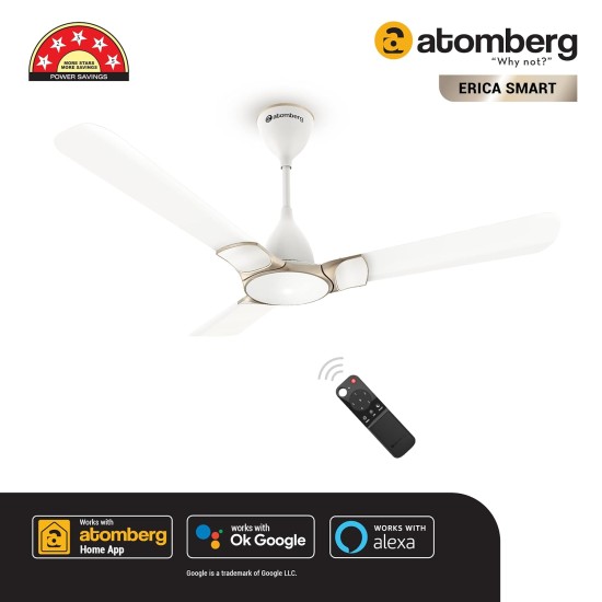 Atomberg Erica Smart 1200mm Snow White BLDC Ceiling Fan with IoT & Remote | BEE 5 star Rated Energy Efficient Ceiling Fan | High Air Delivery with LED Indicator | 2+1 Year Warranty 