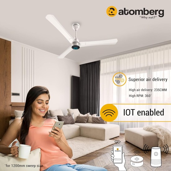 Atomberg Renesa Smart+ 1200mm Pearl White BLDC Ceiling Fan with IoT & Remote | BEE 5 star Rated Energy Efficient Ceiling Fan | High Air Delivery with LED Indicators | 2+1 Year Warranty 