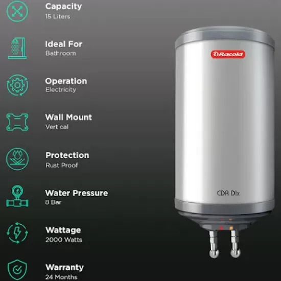 Racold CDR DLX PLUS 15 L Vertical 2KW Water Heater Geyser Wall, White