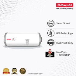 Racold CDR DLX Plus 10L Horizontal 2KW Energy Efficient Storage Water Heater(Geyser) with Free Installation & Pipes|Temperature Display & Knob|Fits Under False Ceilings|Titanium Enameled Coating