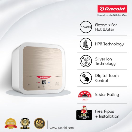 Racold Omnis DG 25L Vertical 2KW Storage Water Heater (Geyser) Sandstorm Gold|Digital Display| Touch Control|Auto Diagnosis| Suitable for High Rise Buildings|Free Standard Installation & Pipes