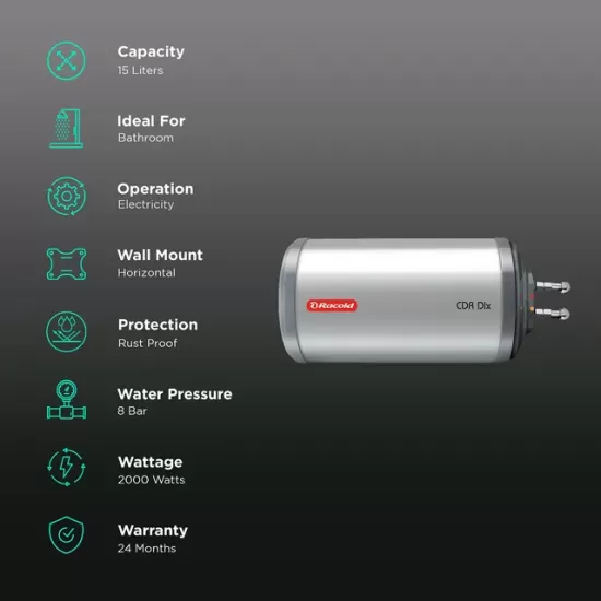 Racold CDR DLX 15 L Horizontal 2KW Storage Geyser With RHS Water Inlet (White /Ivory)