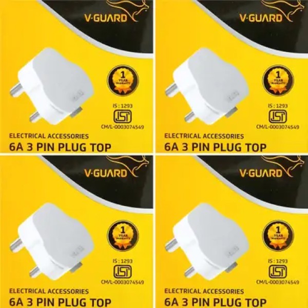 V-Guard 6A - 3 Pin Flat Plug Top Electrical Accessories ! Heavy-Duty [ Packing 4 PCS. ] 6A 3 PIN PLUG TOP - ISI Three Pin Plug  (White)