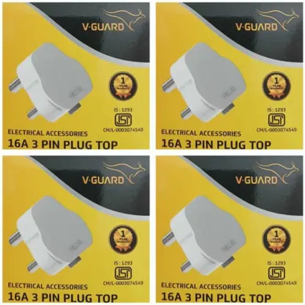 V-Guard 16A - 3 Pin Flat Plug Top Electrical Accessories ! Heavy-Duty [ Packing 4 PCS. ] Heavy-Duty Solid Nickel Brass Pins ! Flame Retardant PC Three Pin Plug  (White)