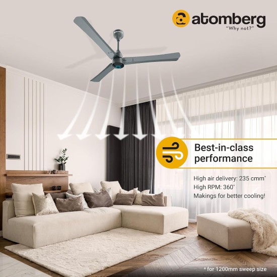 Atomberg Renesa+ 1200mm Sand Grey BLDC Ceiling Fan with Remote Control | BEE 5 star Rated Energy Efficient Ceiling Fan | High Air Delivery with LED Indicators | 2+1 Year Warranty 