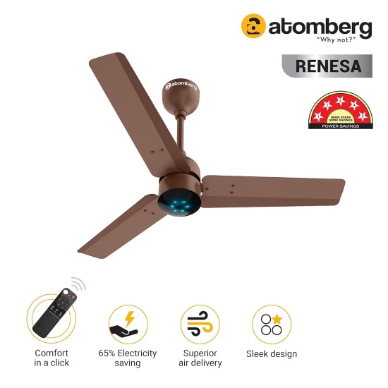 Atomberg Renesa 900mm Matte Brown BLDC Ceiling Fan with Remote Control | BEE 5 star Rated Energy Efficient Ceiling Fan | High Air Delivery with LED Indicators | 2+1 Year Warranty 