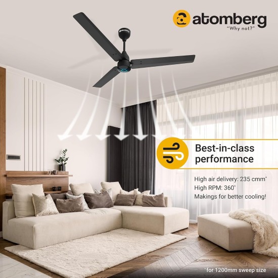 Atomberg Renesa 1200mm Midnight Black BLDC Ceiling Fan with Remote Control | BEE 5 star Rated Energy Efficient Ceiling Fan | High Air Delivery with LED Indicators | 2+1 Year Warranty 