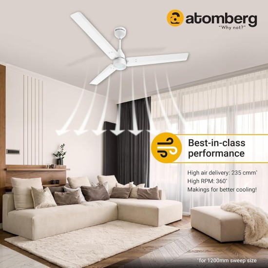 Atomberg Renesa 1200mm Glossy White BLDC Ceiling Fan with Remote Control | BEE 5 star Rated Energy Efficient Ceiling Fan | High Air Delivery with LED Indicators | 2+1 Year Warranty 