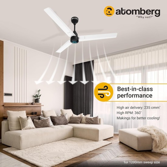 Atomberg Renesa 1200mm White $ Black BLDC Ceiling Fan with Remote Control | BEE 5 star Rated Energy Efficient Ceiling Fan | High Air Delivery with LED Indicators | 2+1 Year Warranty 