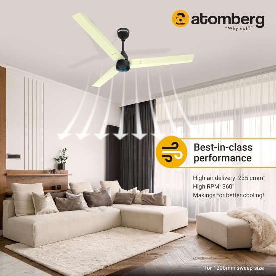 Atomberg Renesa 1200mm Ivory $ Black BLDC Ceiling Fan with Remote Control | BEE 5 star Rated Energy Efficient Ceiling Fan | High Air Delivery with LED Indicators | 2+1 Year Warranty 