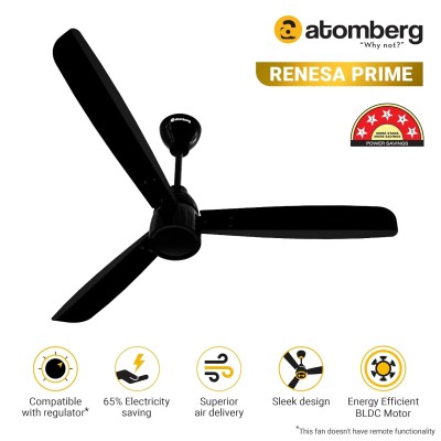 Atomberg Renesa Prime 1200mm Gloss Black BLDC Ceiling Fan Compatible with Regulators | Without Remote | BEE 5 star Rated Energy Efficient Ceiling Fan | High Air Delivery with LED Indicator 