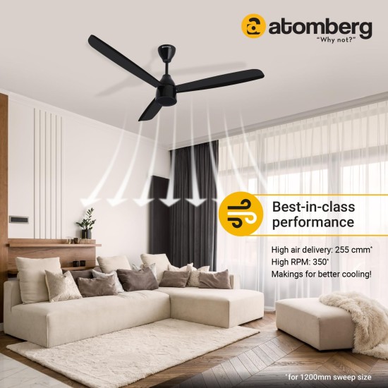 Atomberg Renesa Prime 1200mm Gloss Black BLDC Ceiling Fan Compatible with Regulators | Without Remote | BEE 5 star Rated Energy Efficient Ceiling Fan | High Air Delivery with LED Indicator 