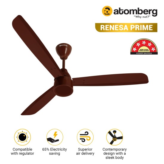 Atomberg Renesa Prime 1200mm Gloss Brown BLDC Ceiling Fan Compatible with Regulators | Without Remote | BEE 5 star Rated Energy Efficient Ceiling Fan | High Air Delivery with LED Indicator 