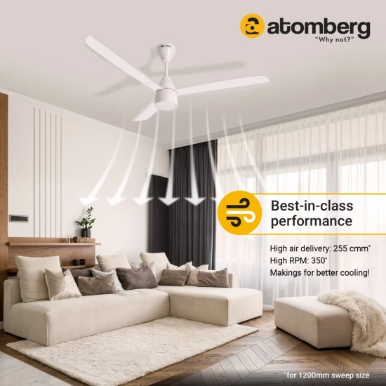 Atomberg Renesa Prime 1200mm Gloss white BLDC Ceiling Fan Compatible with Regulators | Without Remote | BEE 5 star Rated Energy Efficient Ceiling Fan | High Air Delivery with LED Indicator 