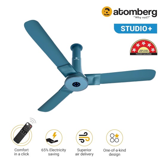 Atomberg Studio Plus 1200mm Aegean Blue BLDC Ceiling Fan with Remote Control | BEE 5 star Rated Energy Efficient Ceiling Fan | High Air Delivery with LED Indicators | 2+1 Year Warranty 