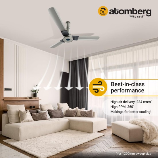 Atomberg Studio Plus 1200mm Sand Grey BLDC Ceiling Fan with Remote Control | BEE 5 star Rated Energy Efficient Ceiling Fan | High Air Delivery with LED Indicators | 2+1 Year Warranty 