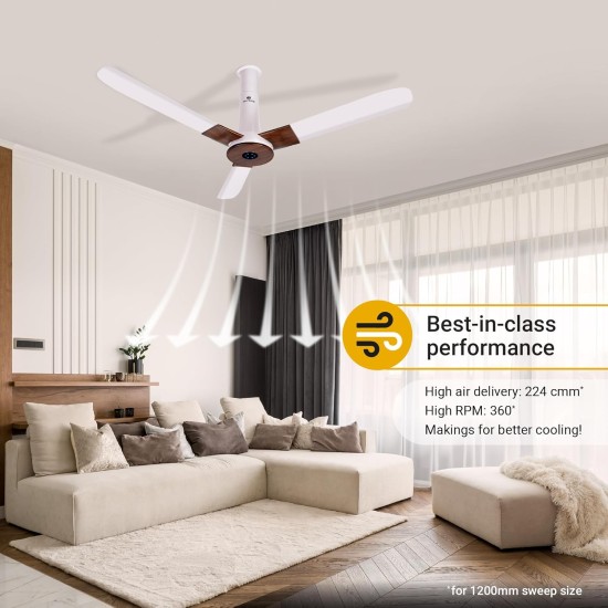 Atomberg Studio Plus 1200mm Pearl White $ Teawood BLDC Ceiling Fan with Remote Control | BEE 5 star Rated Energy Efficient Ceiling Fan | High Air Delivery with LED Indicators | 2+1 Year Warranty 