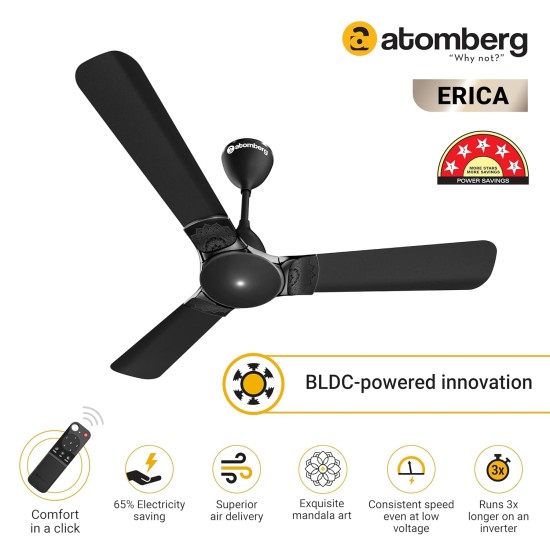 Atomberg Erica 1200mm Midnight Black BLDC Ceiling Fan with Remote Control | BEE 5 star Rated Energy Efficient Ceiling Fan | High Air Delivery with LED Indicator | 2+1 Year Warranty 