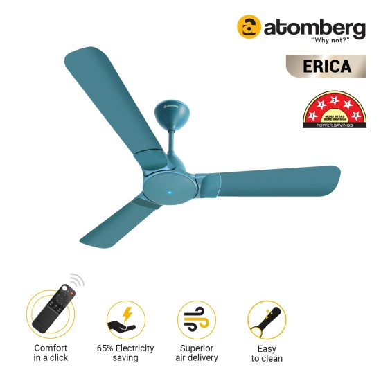 Atomberg Erica 1200mm Aegean Blue BLDC Ceiling Fan with Remote Control | BEE 5 star Rated Energy Efficient Ceiling Fan | High Air Delivery with LED Indicator | 2+1 Year Warranty 