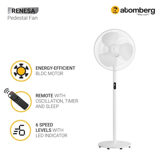 Atomberg Renesa 400mm Snow White Pedestal Fan for Home | Silent BLDC Stand Fan | LED Display | 6 Speeds | Remote with Oscillation, Timer, Sleep | 1+1 Year Warranty 