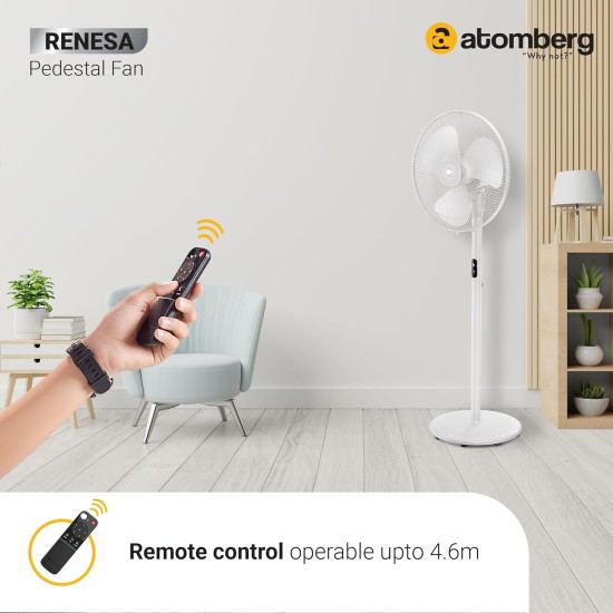 Atomberg Renesa 400mm Snow White Pedestal Fan for Home | Silent BLDC Stand Fan | LED Display | 6 Speeds | Remote with Oscillation, Timer, Sleep | 1+1 Year Warranty 