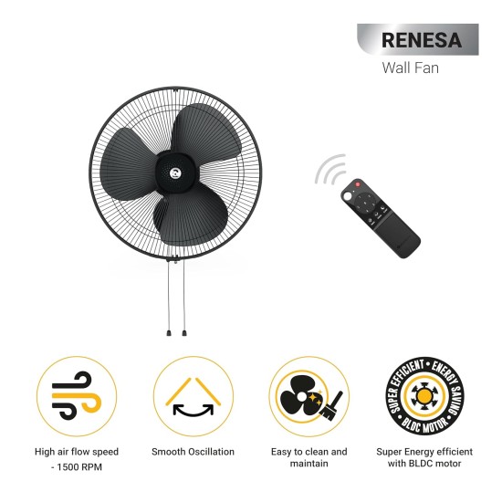 Atomberg Renesa Midnight Black 400mm Wall Mount Fan | Wall Fans for Home | Silent BLDC Wall Fan | Remote with Timer & Sleep Control | 1+1 Year Warranty 