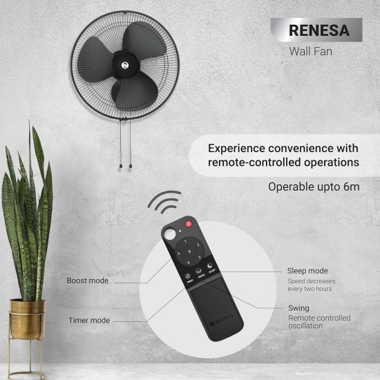 Atomberg Renesa Midnight Black 400mm Wall Mount Fan | Wall Fans for Home | Silent BLDC Wall Fan | Remote with Timer & Sleep Control | 1+1 Year Warranty 