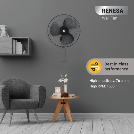 Atomberg Renesa Midnight Black 400mm Wall Mount Fan | Wall Fans for Home | Silent BLDC Wall Fan | Remote with Timer & Sleep Control | 1+1 Year Warranty 