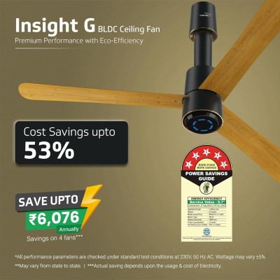 V-Guard INSIGHT-G Premium BLDC Ceiling Fan For Home | 6 Speed Settings | 5-Star Energy Saving | Convenient Remote Control | High-Speed 100% Copper Motor | 1.2M (Choco Gold Wood)