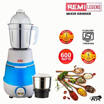 Remi Legend Mixer Grinder 600 Watt, With 3 Jars (3 Stainless Steel Jars) 4 Super Efficient Stainless Blades 2 Years Warranty Light-Blue (LEGEND 600 W)