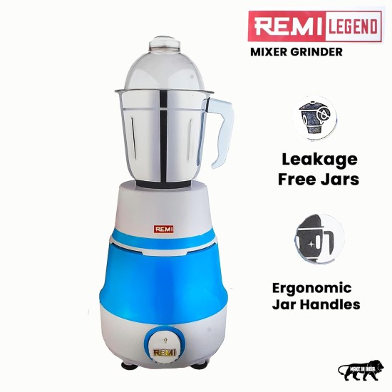 Remi Legend Mixer Grinder 600 Watt, With 3 Jars (3 Stainless Steel Jars) 4 Super Efficient Stainless Blades 2 Years Warranty Light-Blue (LEGEND 600 W)