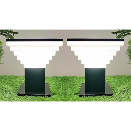 Areezo Modern Design Stairs Shape Waterproof Gate Light, Pillar Lamp for Entryway, Path, Black and White Color with Metal & PVC